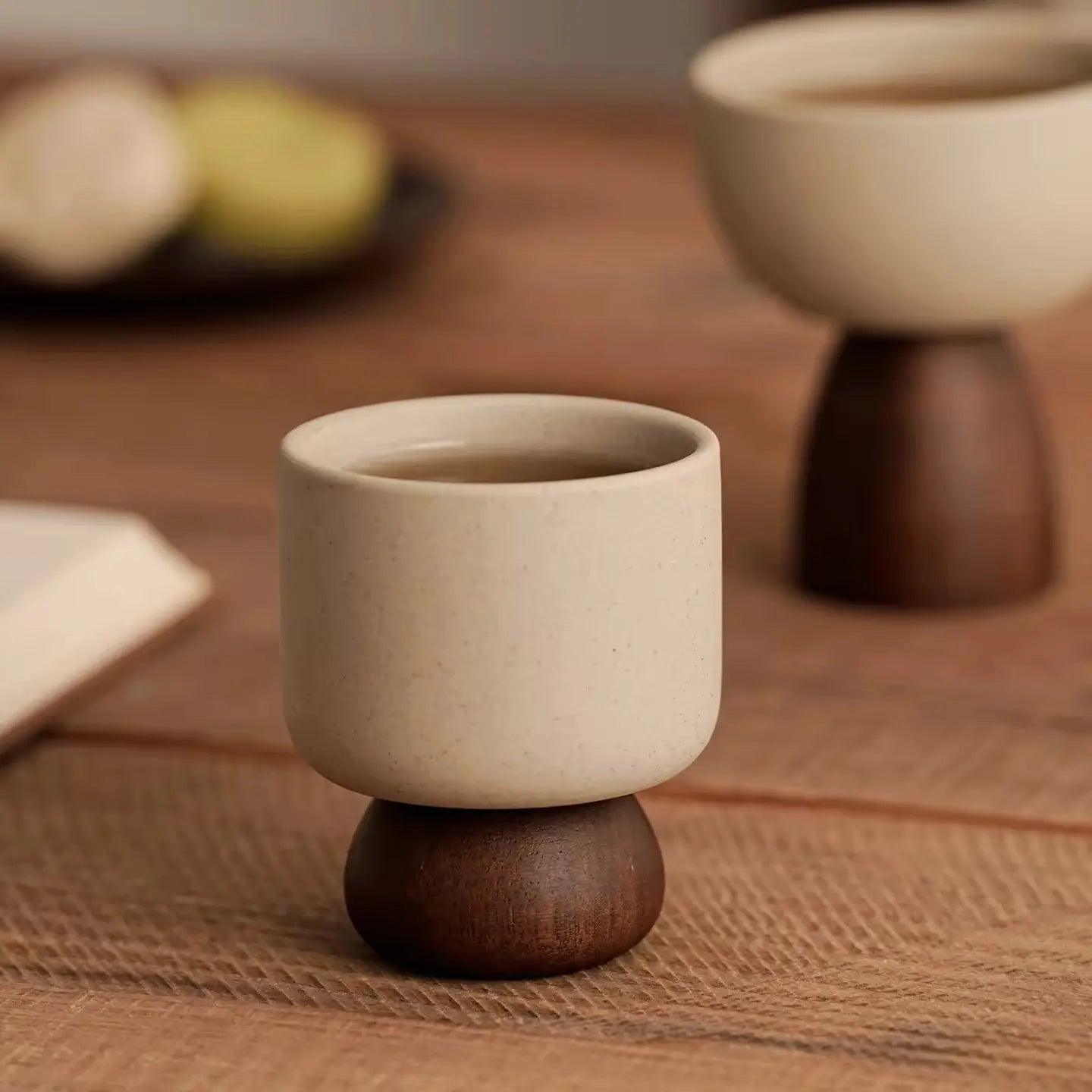 Minimalist Ceramic Pedestal Bowl with Wooden Base Aesthetic Dessert & Snack Cup