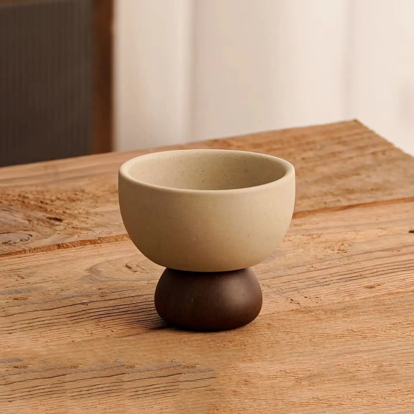 Minimalist Ceramic Pedestal Bowl with Wooden Base Aesthetic Dessert & Snack Cup