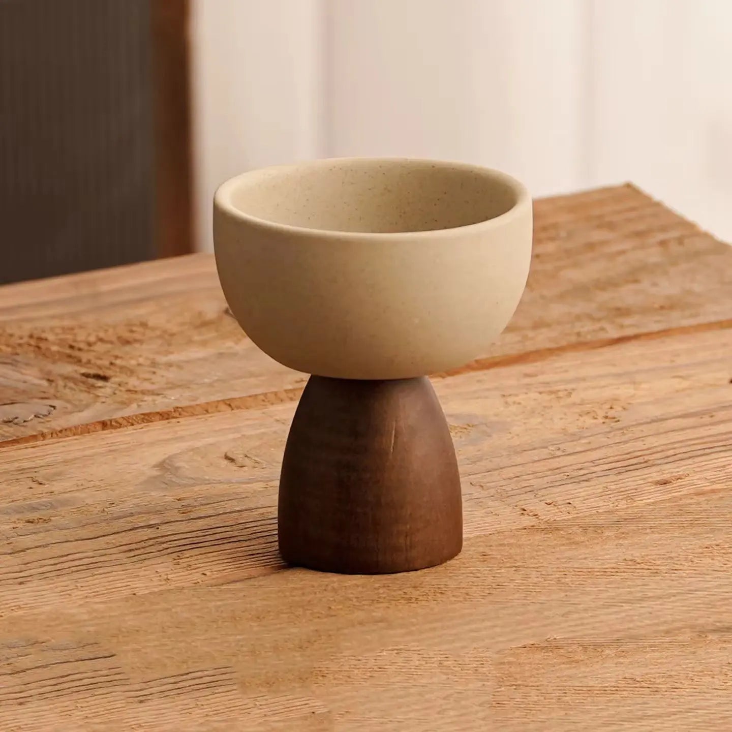 Minimalist Ceramic Pedestal Bowl with Wooden Base Aesthetic Dessert & Snack Cup