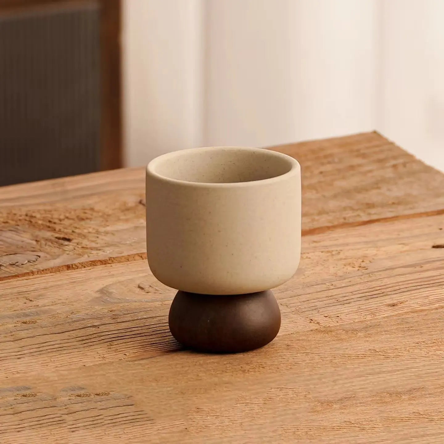 Minimalist Ceramic Pedestal Bowl with Wooden Base Aesthetic Dessert & Snack Cup