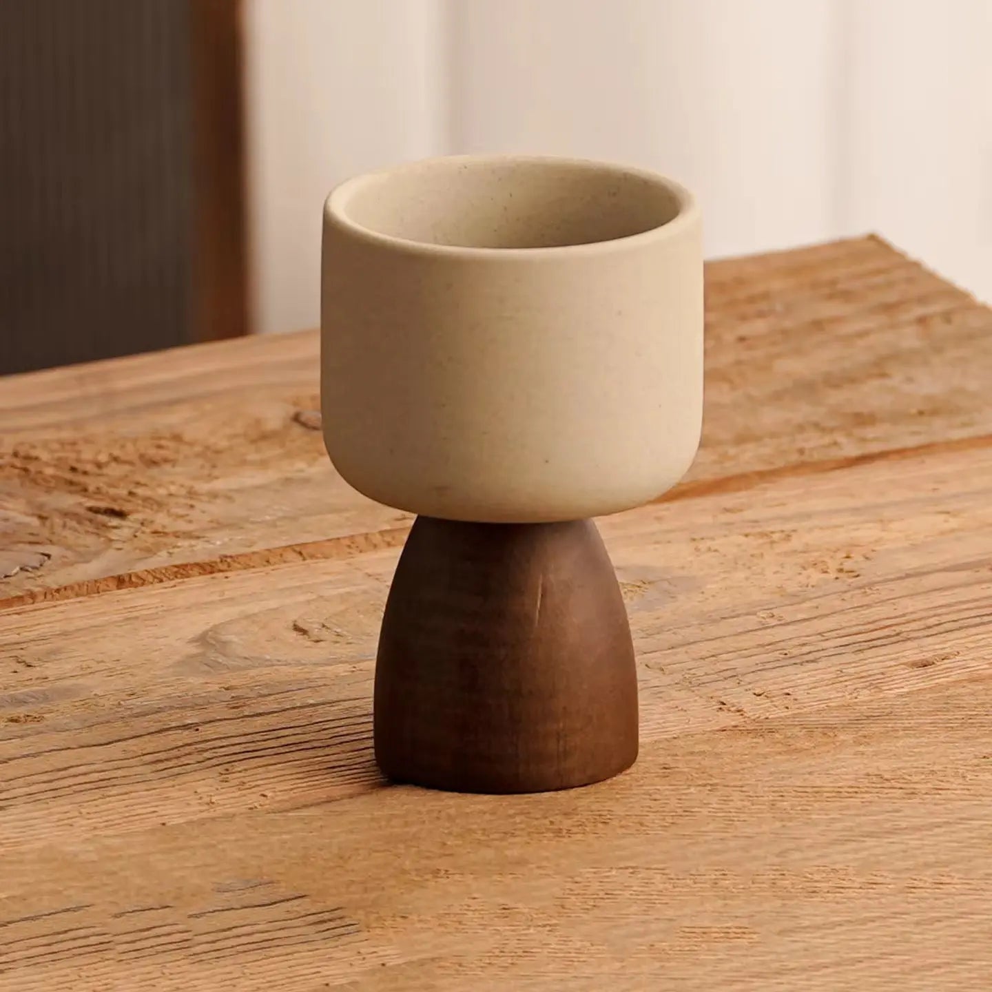 Minimalist Ceramic Pedestal Bowl with Wooden Base Aesthetic Dessert & Snack Cup