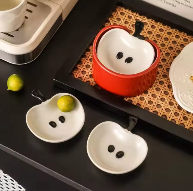 Cute Apple Ceramic Snack Dish Set with Holder Aesthetic Mini Serving Bowls