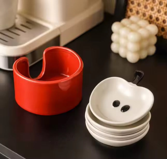 Cute Apple Ceramic Snack Dish Set with Holder Aesthetic Mini Serving Bowls