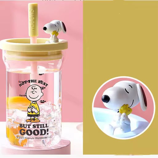Snoopy Cartoon Glass Sippy Cup Cute HighVCapacity Water, Coffee & Milk Cup with Straw
