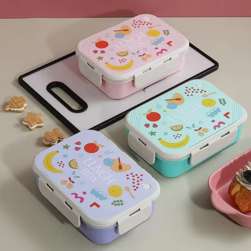Cartoon Kids 3-Grid Stainless Steel Insulated Lunch Box Sealed Food Container for School