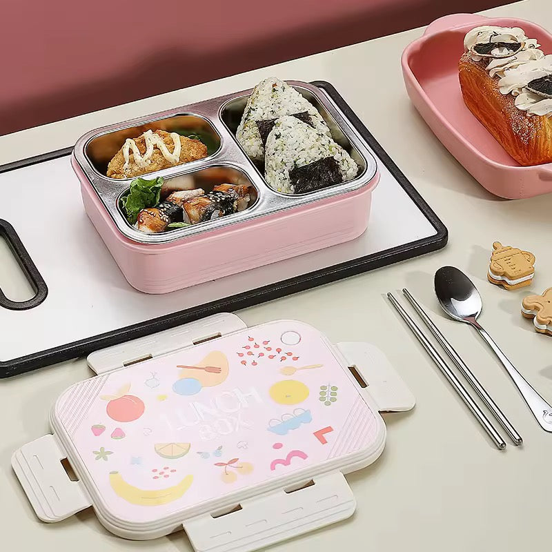 Cartoon Kids 3-Grid Stainless Steel Insulated Lunch Box Sealed Food Container for School