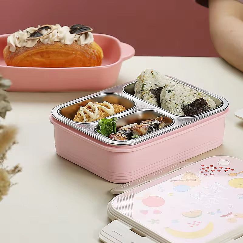 Cartoon Kids 3-Grid Stainless Steel Insulated Lunch Box Sealed Food Container for School