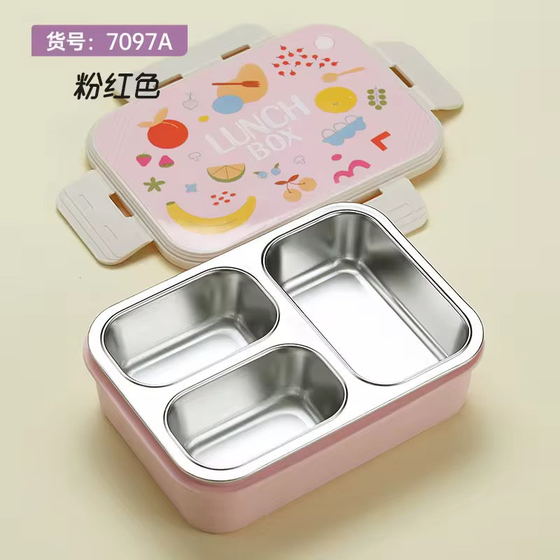 Cartoon Kids 3-Grid Stainless Steel Insulated Lunch Box Sealed Food Container for School