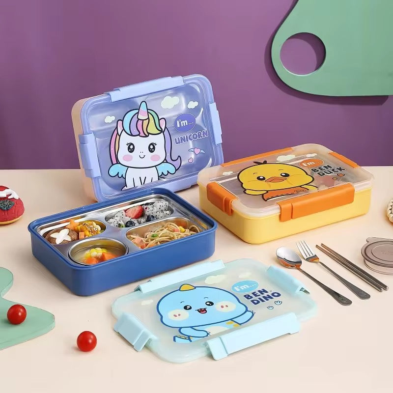 Cartoon 4-Grid Bento Lunch Box with Soup Container Leakproof Food Storage for Kids & Students