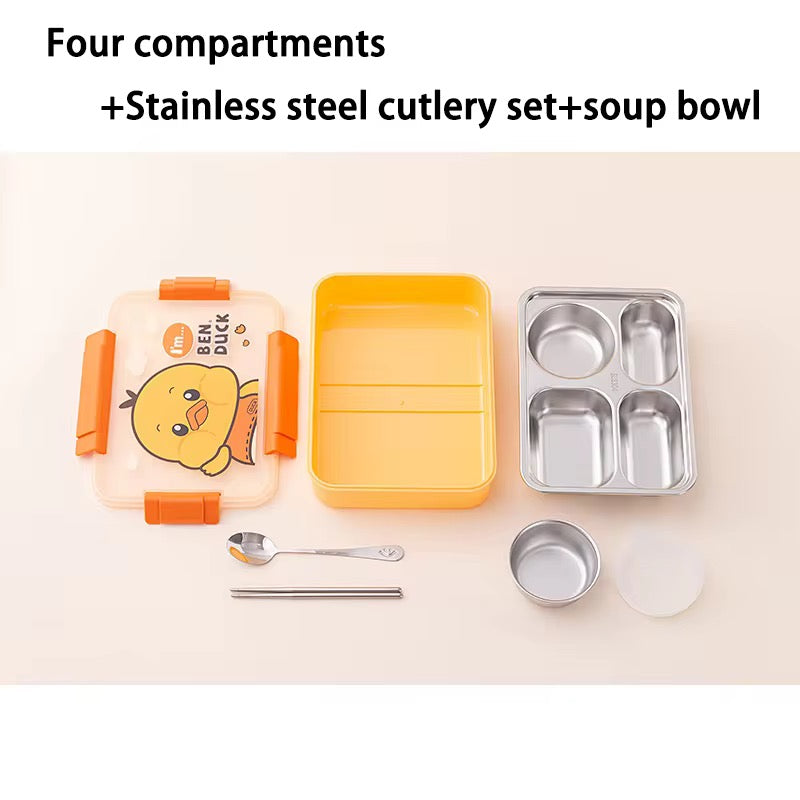 Cartoon 4-Grid Bento Lunch Box with Soup Container Leakproof Food Storage for Kids & Students