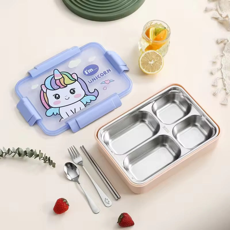 Cartoon 4-Grid Bento Lunch Box with Soup Container Leakproof Food Storage for Kids & Students