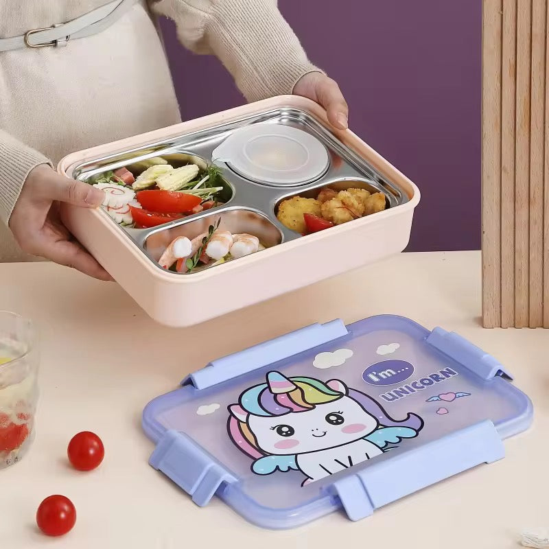 Cartoon 4-Grid Bento Lunch Box with Soup Container Leakproof Food Storage for Kids & Students