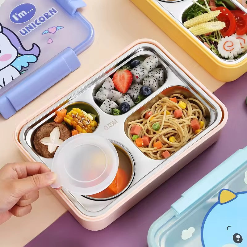 Cartoon 4-Grid Bento Lunch Box with Soup Container Leakproof Food Storage for Kids & Students