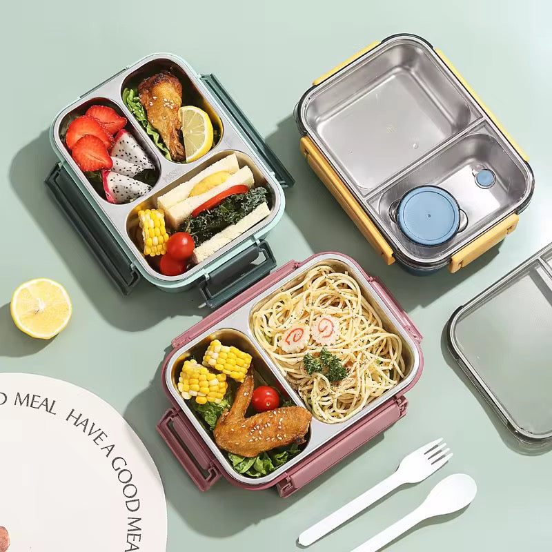 Stainless Steel Divided Bento Box with Tableware Leakproof Portable Lunch Box for Kids & Adults