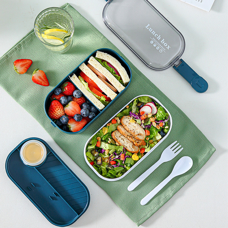 Transparent Double Layer Lunch Box with Lid Portable Food Storage for School & Office