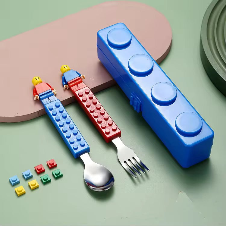Building Block Cutlery Set – Spoon & Fork with Creative Block Handles in Portable Case