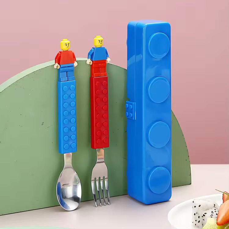 Building Block Cutlery Set – Spoon & Fork with Creative Block Handles in Portable Case