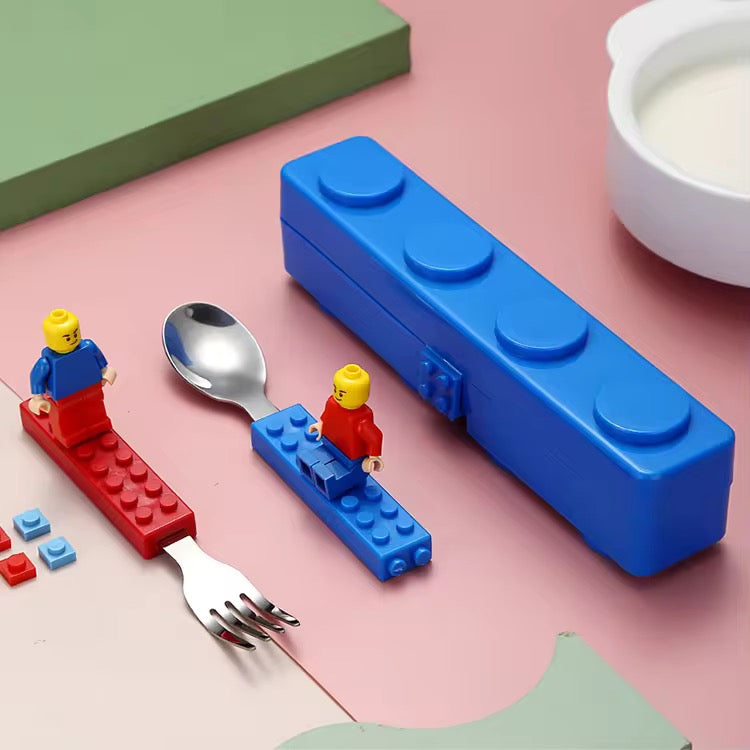 Building Block Cutlery Set – Spoon & Fork with Creative Block Handles in Portable Case