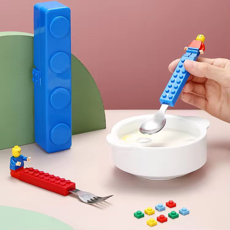 Building Block Cutlery Set – Spoon & Fork with Creative Block Handles in Portable Case