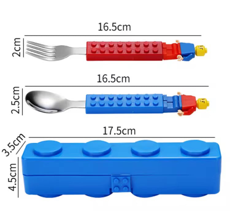 Building Block Cutlery Set – Spoon & Fork with Creative Block Handles in Portable Case