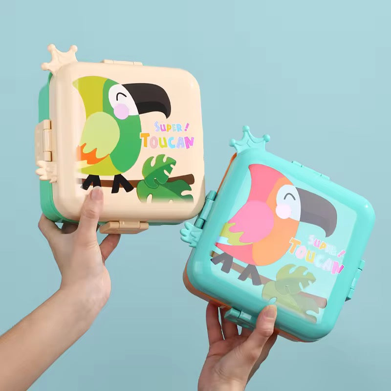 Toucan Cartoon Bento Lunch Box – Multi-Compartment Leakproof Food Container with Sauce Cup & Spoon