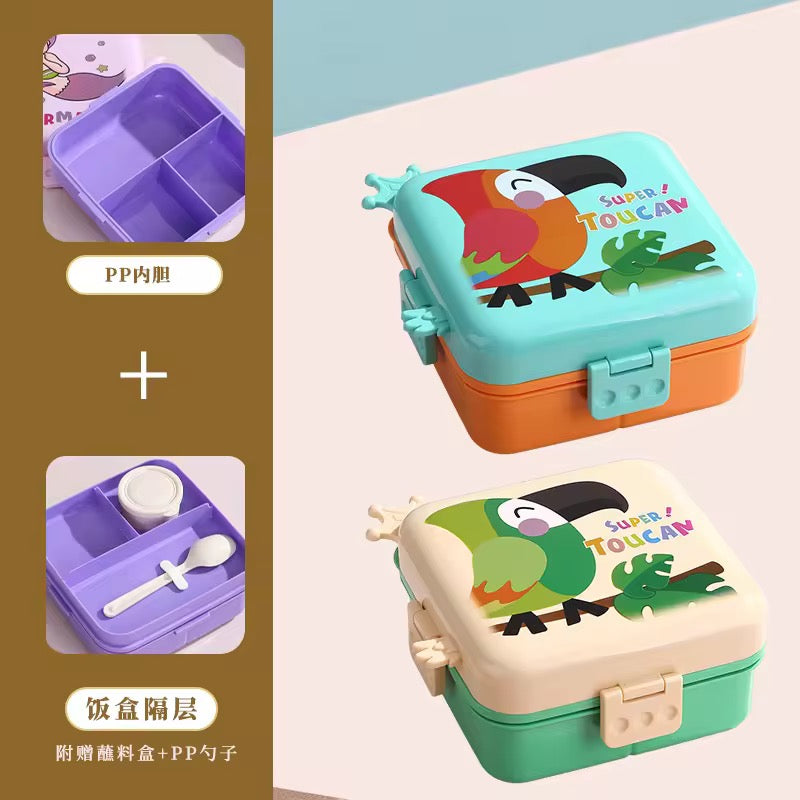 Toucan Cartoon Bento Lunch Box – Multi-Compartment Leakproof Food Container with Sauce Cup & Spoon
