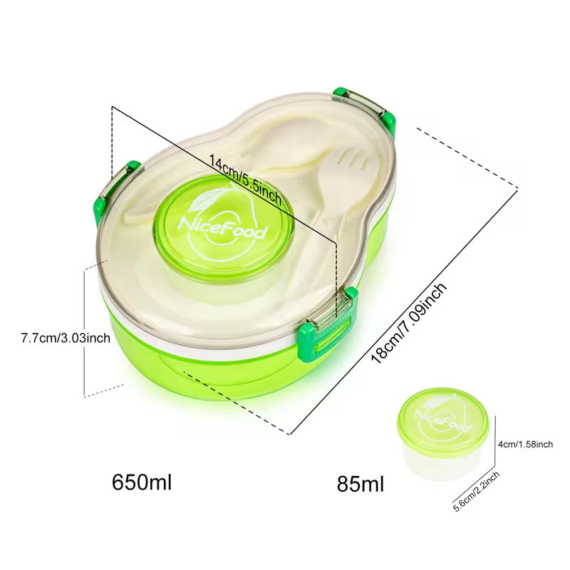 Avocado Shape Bento Lunch Box – 2 Compartment Leakproof Food Container with Sauce Cup & Cutlery