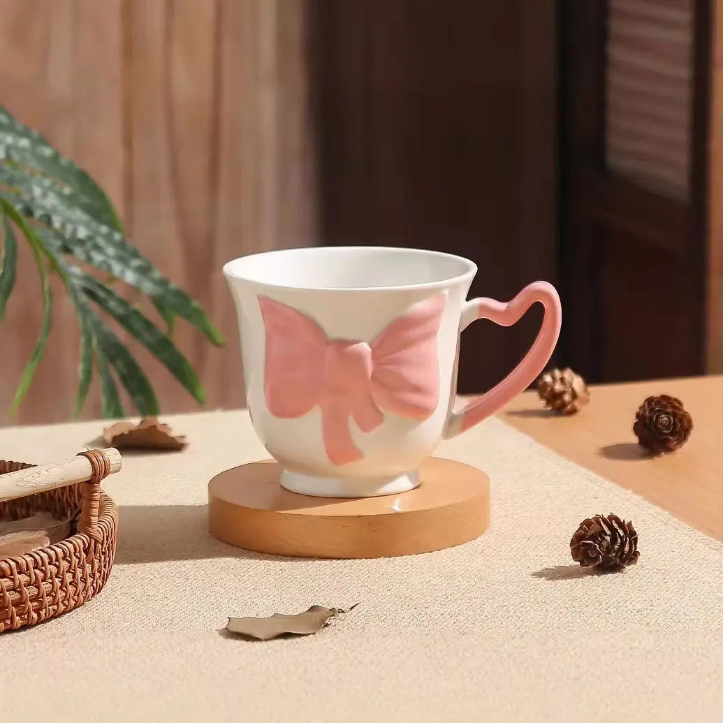 Cute Bow Mug with Heart Handle Without Spoon
