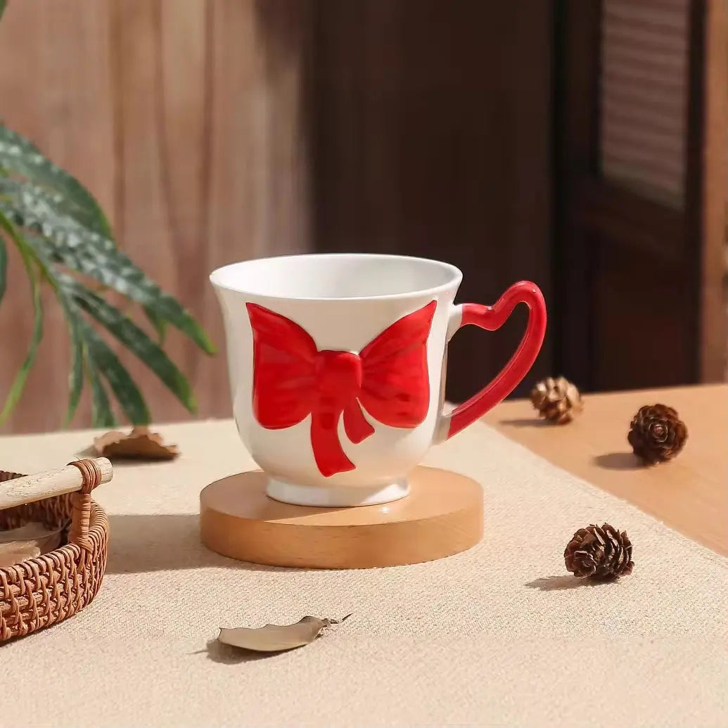 Cute Bow Mug with Heart Handle Without Spoon