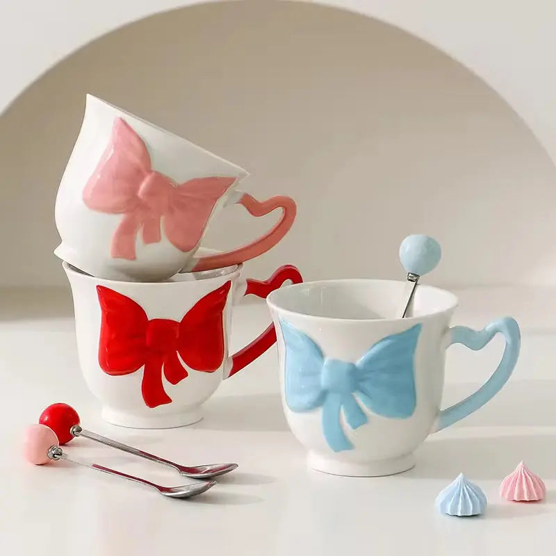 Cute Bow Mug with Heart Handle Without Spoon