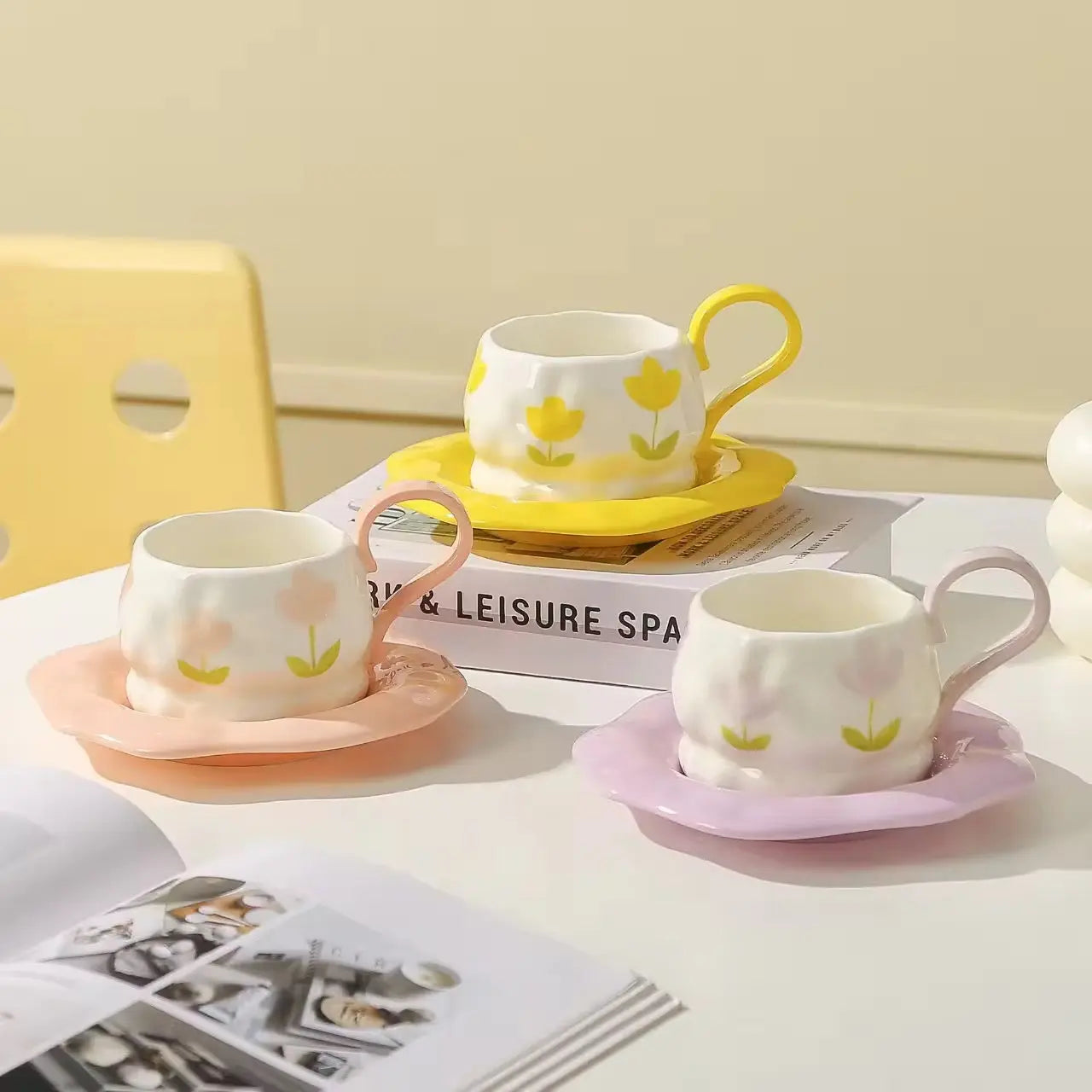 Pastel Flower Ceramic Coffee Cup & Saucer Set