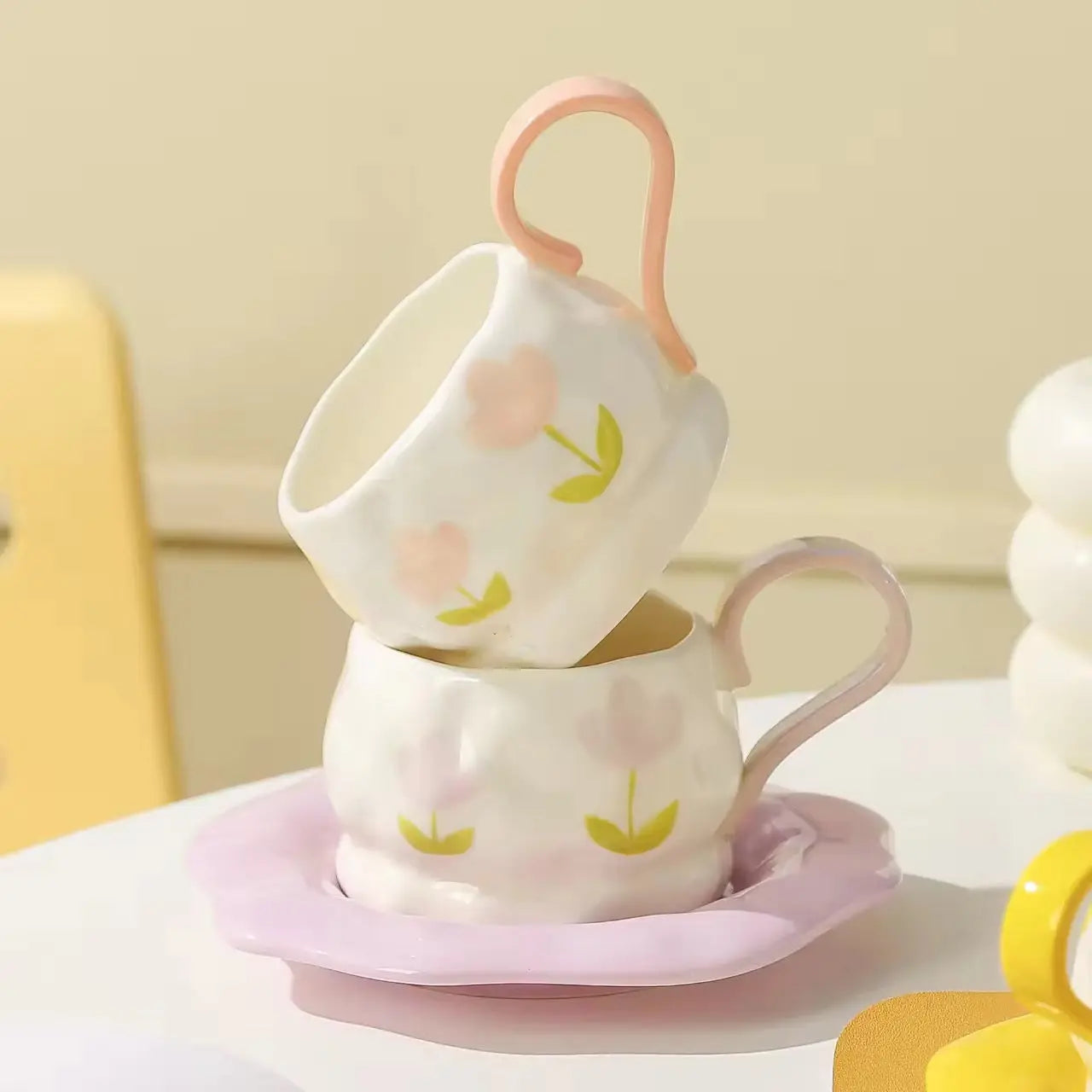 Pastel Flower Ceramic Coffee Cup & Saucer Set