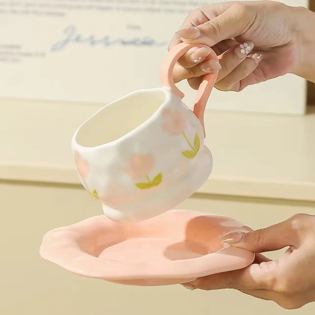 Pastel Flower Ceramic Coffee Cup & Saucer Set