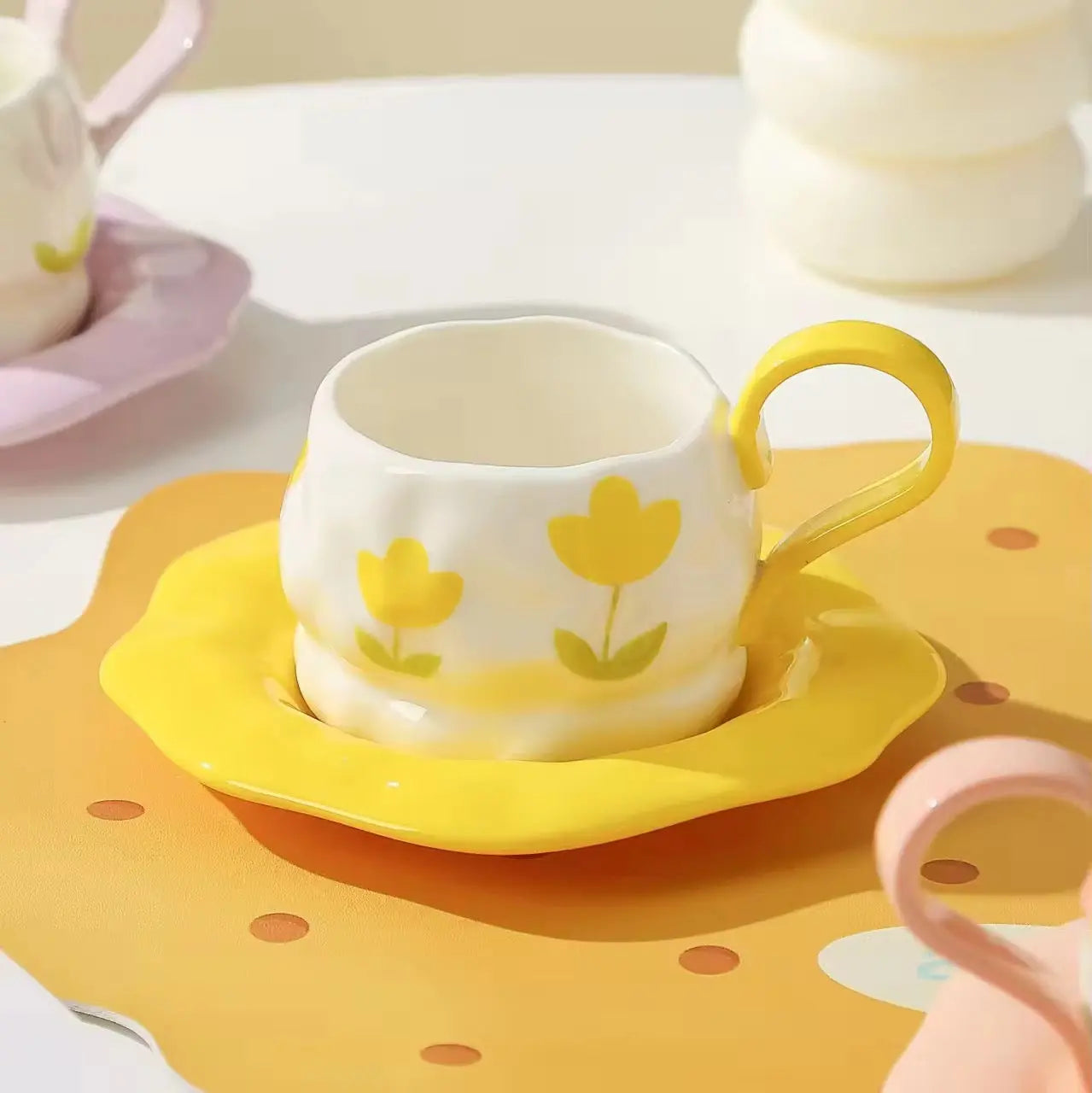 Pastel Flower Ceramic Coffee Cup & Saucer Set