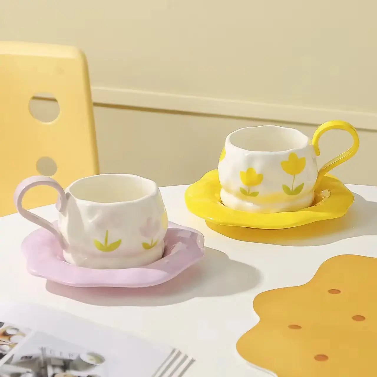 Pastel Flower Ceramic Coffee Cup & Saucer Set