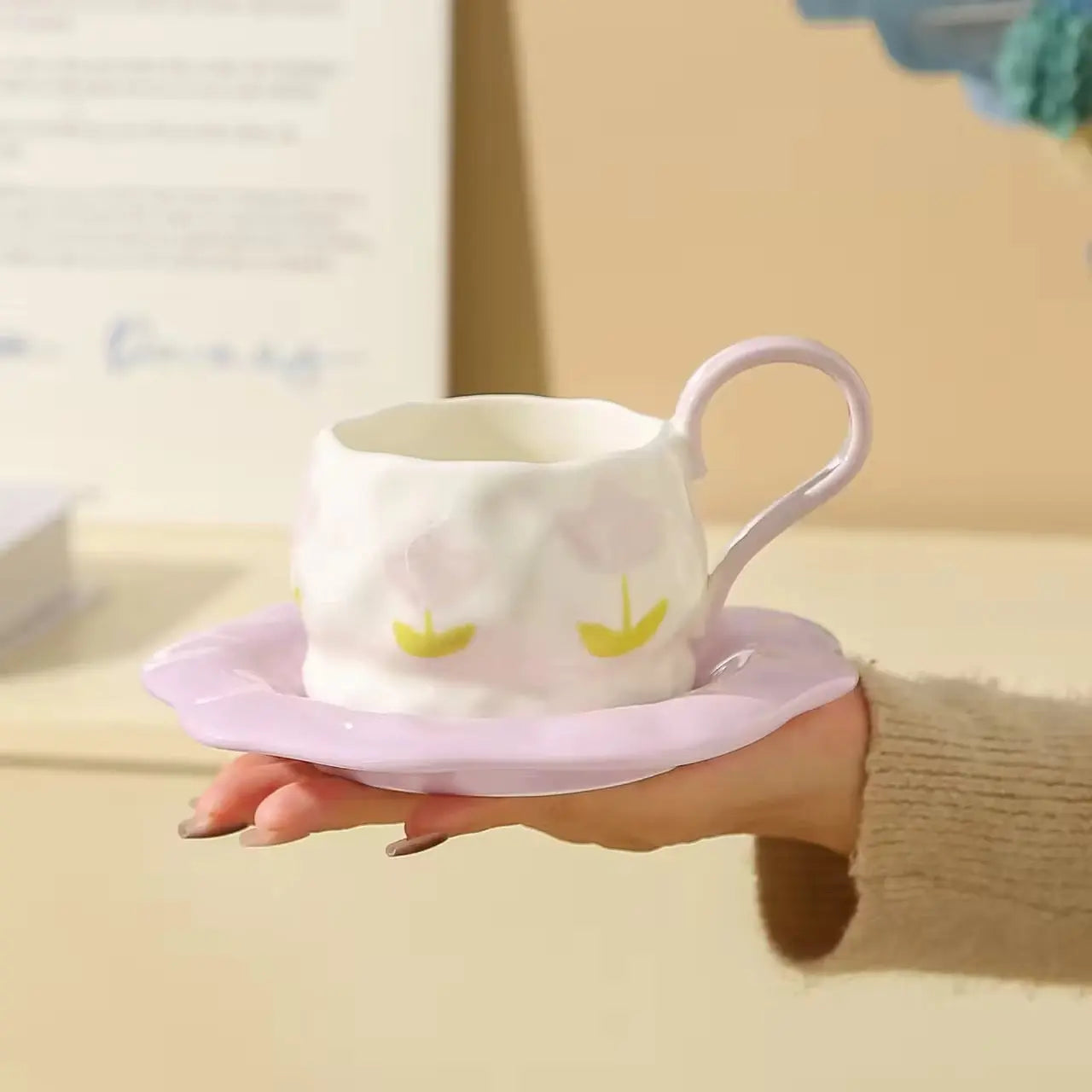 Pastel Flower Ceramic Coffee Cup & Saucer Set