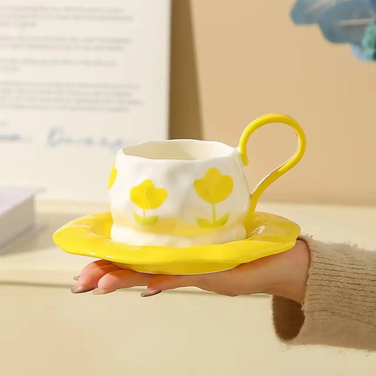 Pastel Flower Ceramic Coffee Cup & Saucer Set