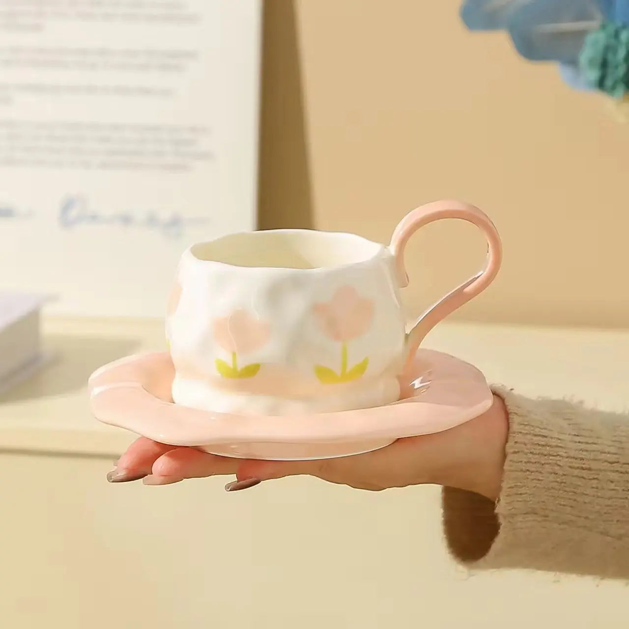 Pastel Flower Ceramic Coffee Cup & Saucer Set