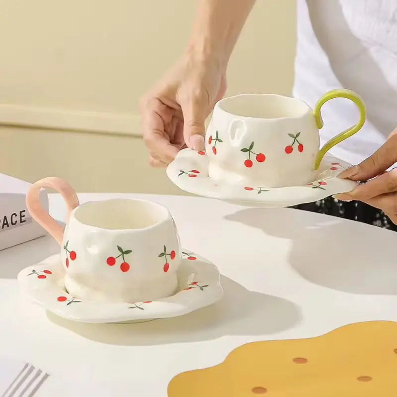Cherry Print Ceramic Coffee Cup & Saucer Set