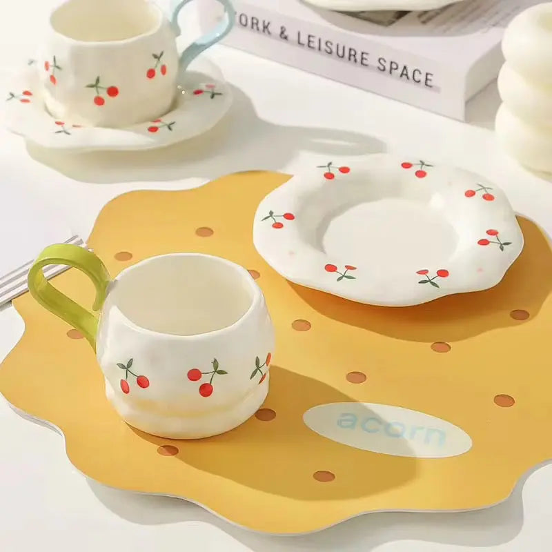 Cherry Print Ceramic Coffee Cup & Saucer Set