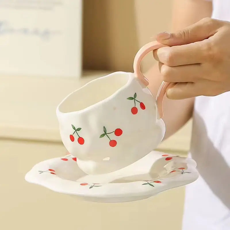 Cherry Print Ceramic Coffee Cup & Saucer Set