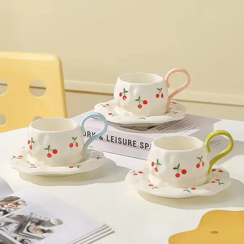 Cherry Print Ceramic Coffee Cup & Saucer Set