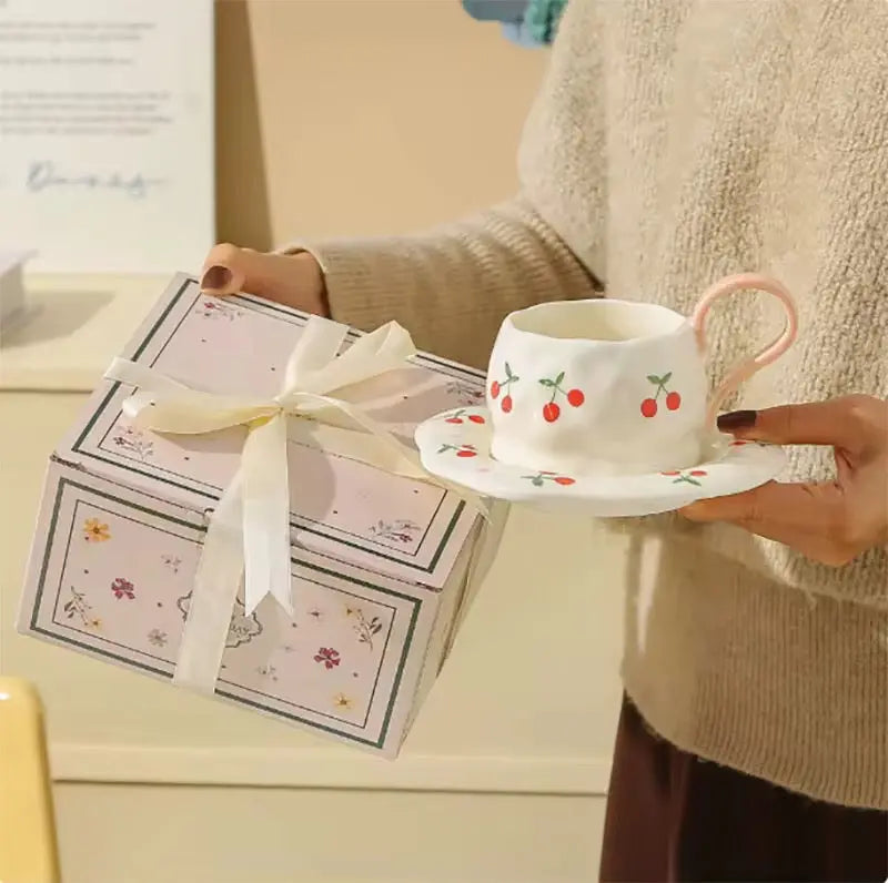 Cherry Print Ceramic Coffee Cup & Saucer Set