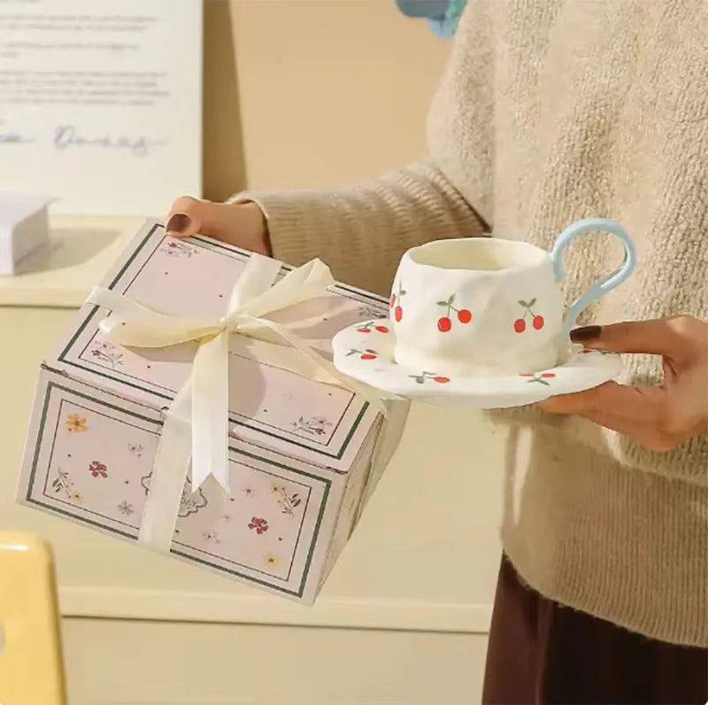 Cherry Print Ceramic Coffee Cup & Saucer Set