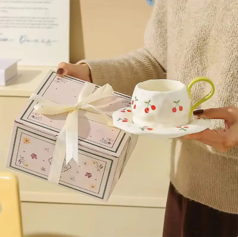 Cherry Print Ceramic Coffee Cup & Saucer Set
