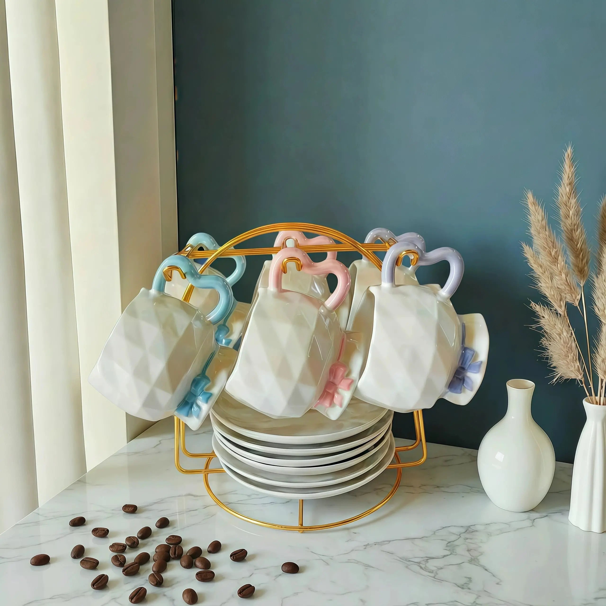 Luxury Geometric Ceramic Coffee Cup & Saucer Set