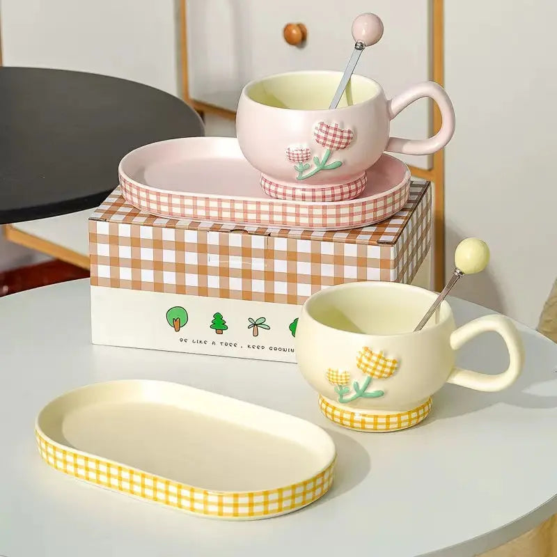 Cute Floral Ceramic Coffee Cup Set with Tray & Spoon