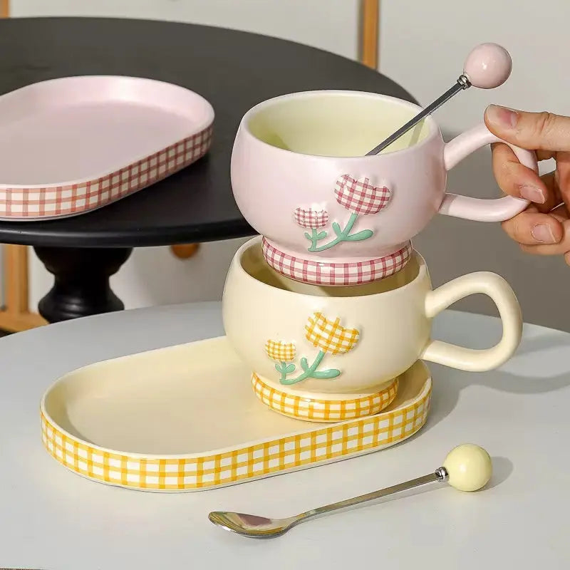 Cute Floral Ceramic Coffee Cup Set with Tray & Spoon
