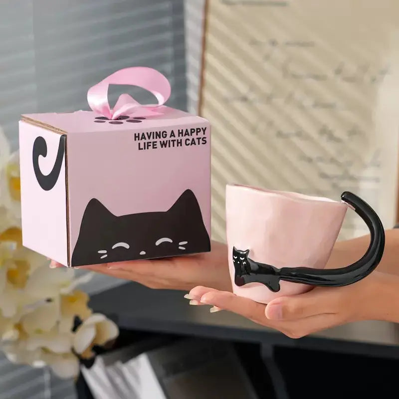 Cute Black Cat Handle Ceramic Mug