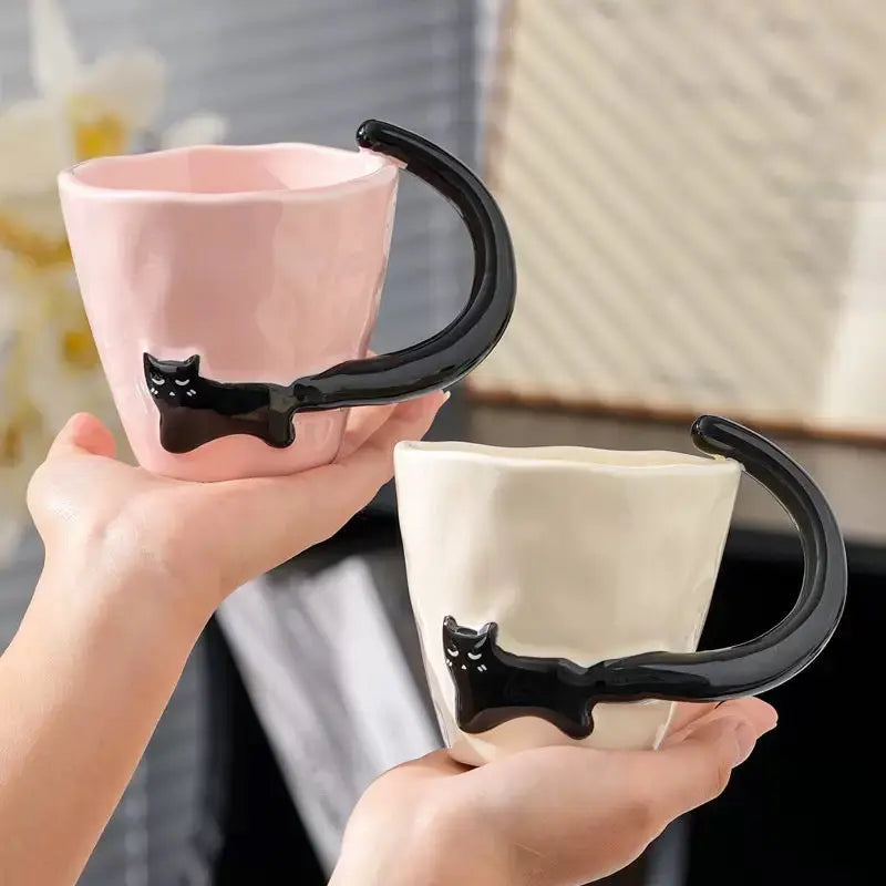 Cute Black Cat Handle Ceramic Mug